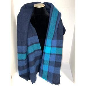 Vintage Coach Wool Scarf Blanket Plaid Navy Blue Teal Heavy Warm 24" x 68"